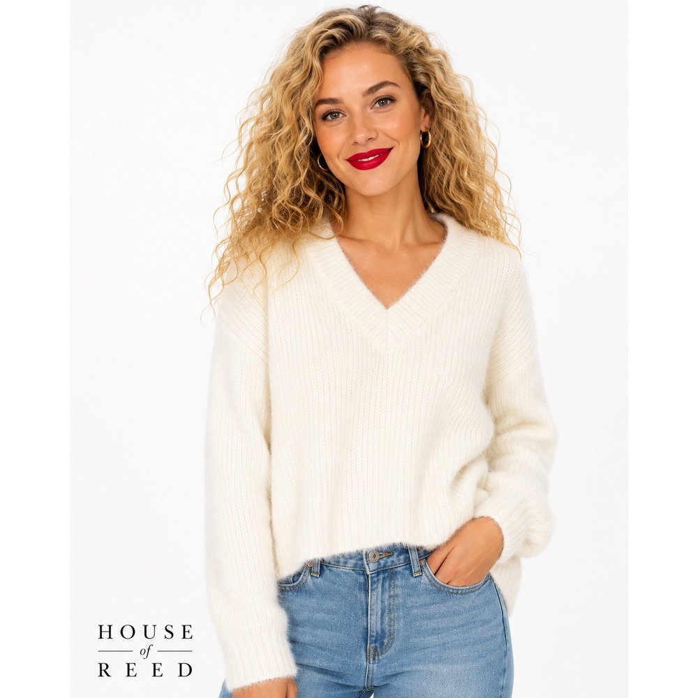 Pink Lily Womens Ivory Fuzzy Ribbed V-Neck Cropped Sweater JB-A7165 Cream Large